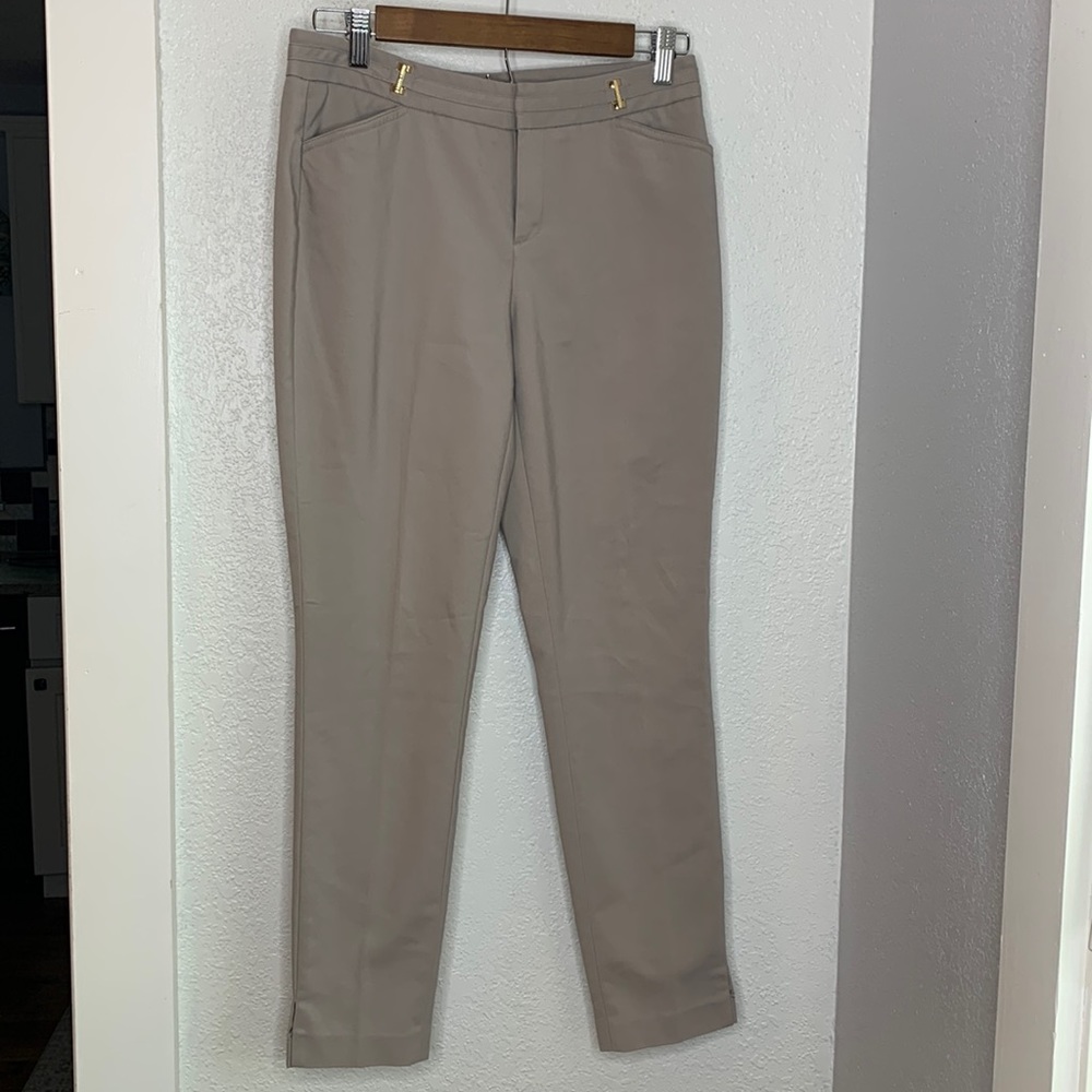 Ivanka Trump Taupe Slim-Leg Trousers Gold Hardware Neutral Minimalist Office 29P